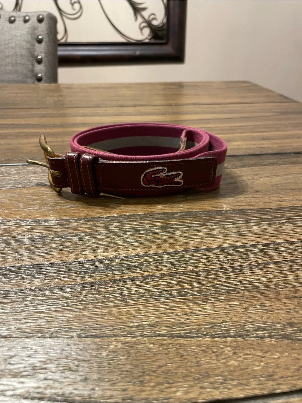 Vintage Lacoste Alligator Belt Men's Size 36/90 Brass Buckle Wine Khaki Stretch